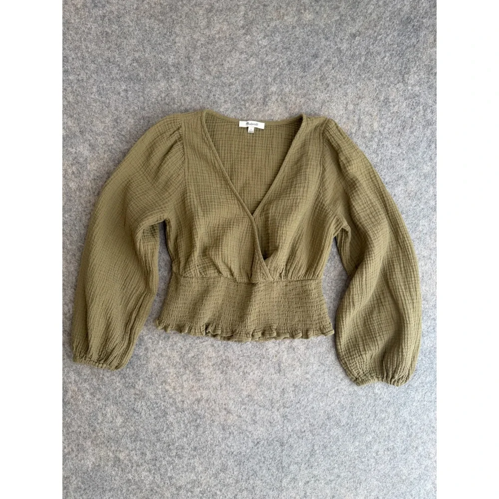 Madewell Lightspun Julianne Smocked Gauze Peplum Top Womens S Green Puff Sleeve